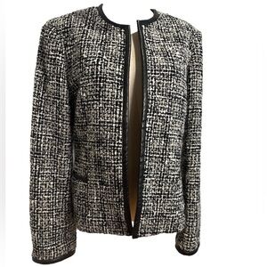 90s JONES NY BLACK & WHITE SALT & PEPPER TWEED JACKET BLACK LEATHER EDGES SZ 14